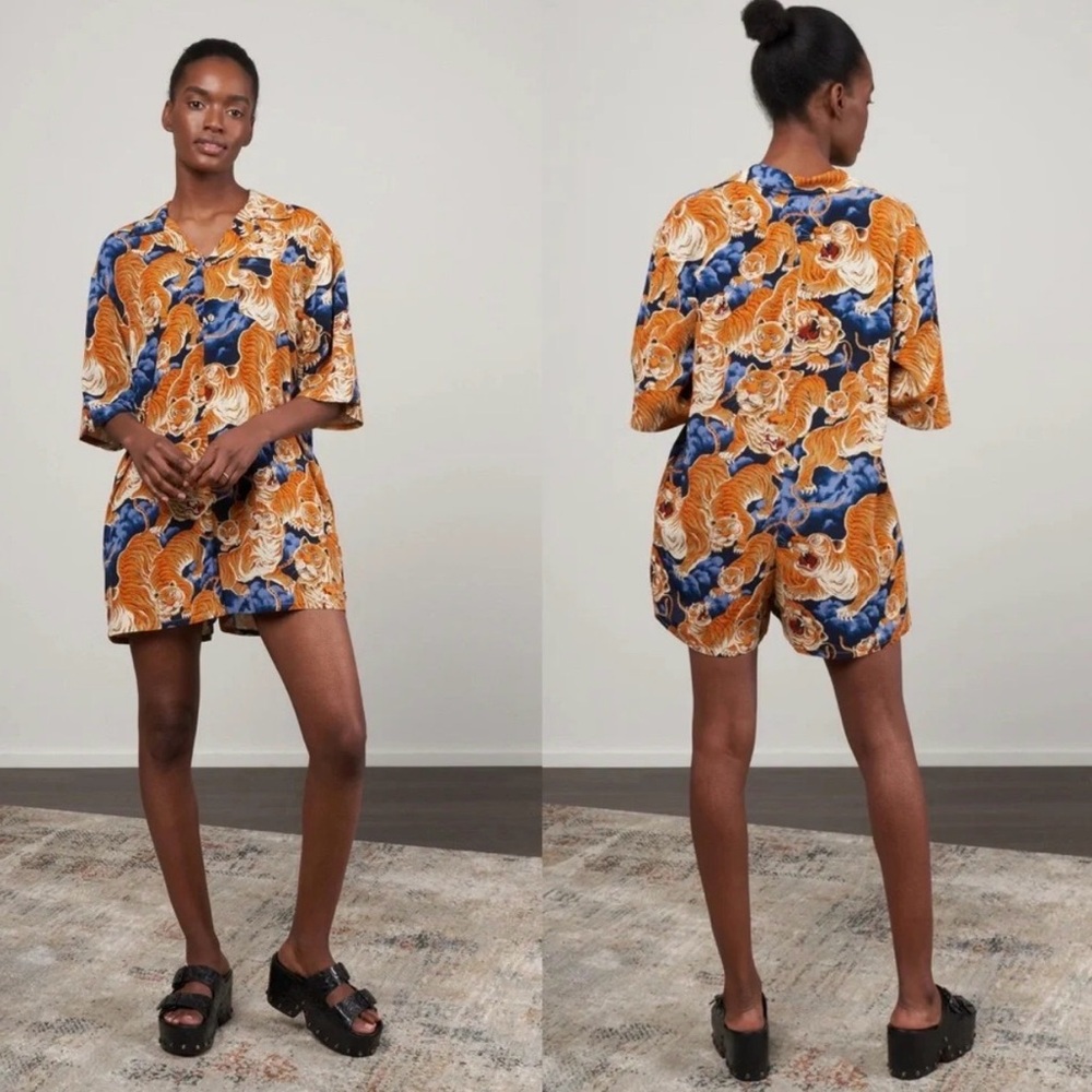 R13 Hawaiian Print Romper in Orange Tiger - Picture 2 of 16